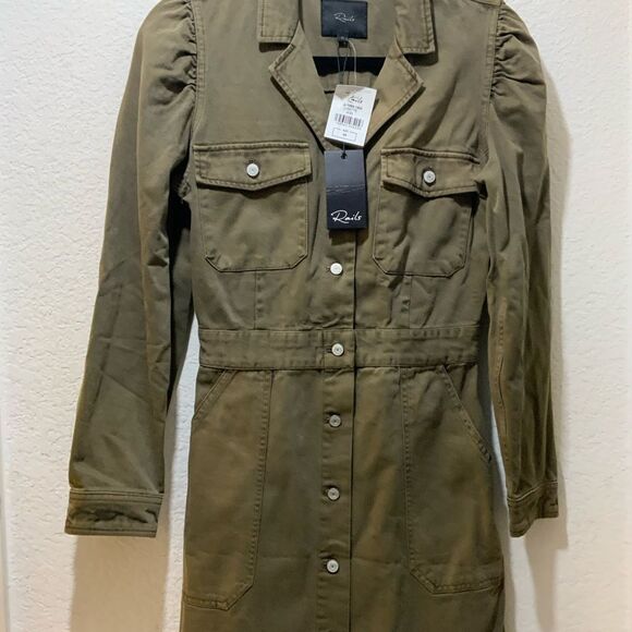 Rails Lisette Denim Twill Mini Dress Button Up Puff Sleeve Moss XS - Picture 5 of 12